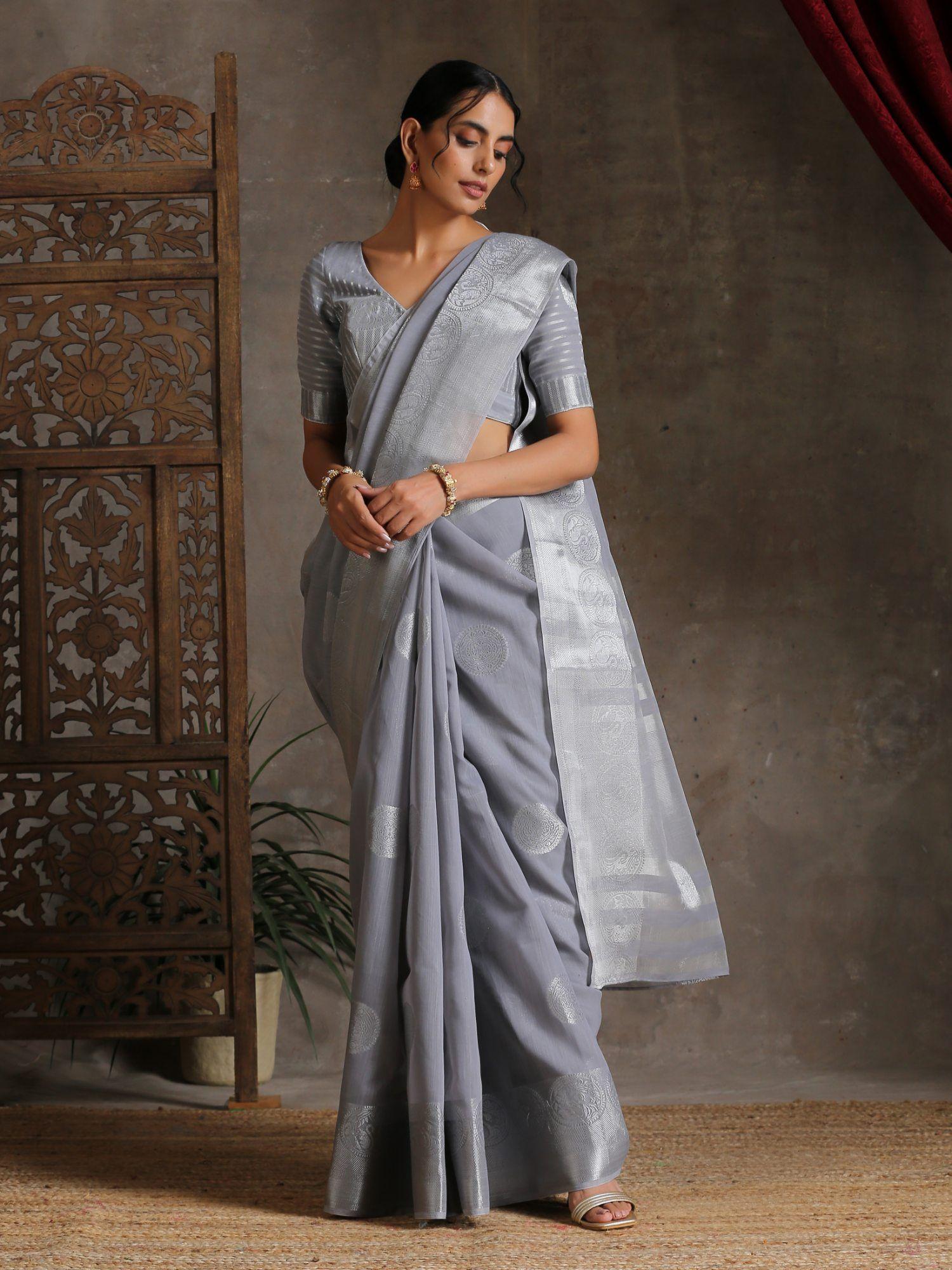 silver grey woven cotton saree with unstitched blouse
