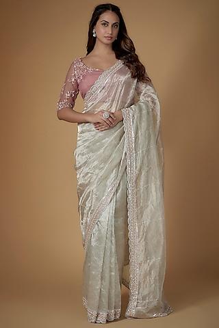 silver handloom tissue silk zardosi embellished saree set