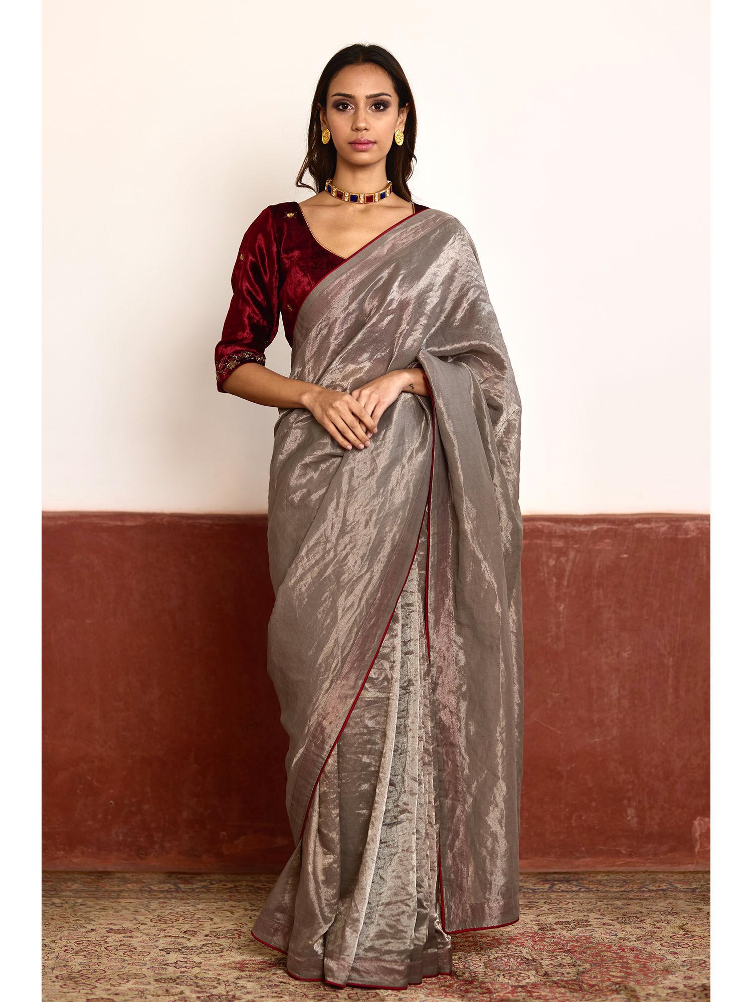 silver handwoven tissue saree without blouse
