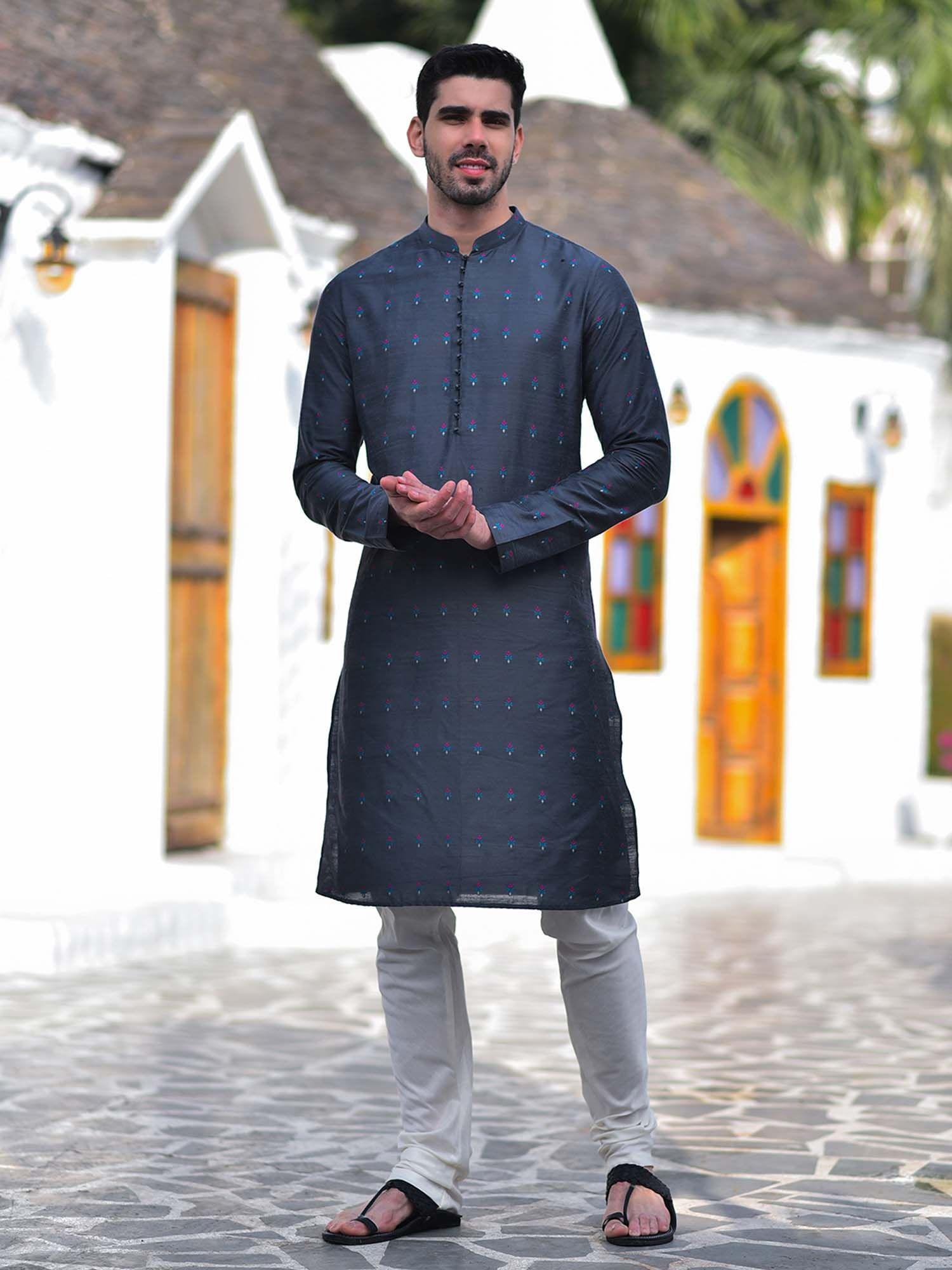 silver jacquard kurta with churidar (set of 2)