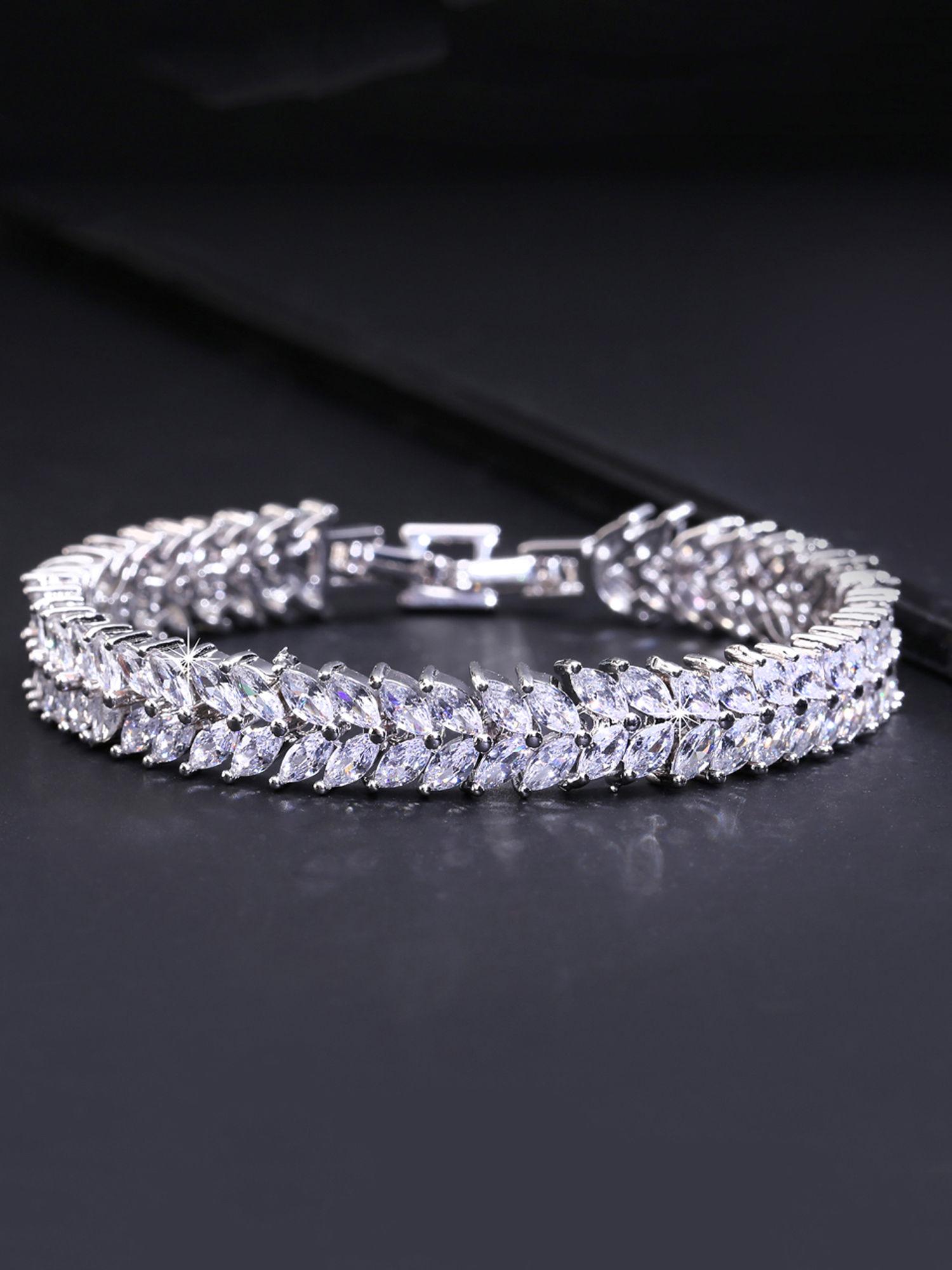silver leaf shaped clear cubic zircon designer tennis bracelet