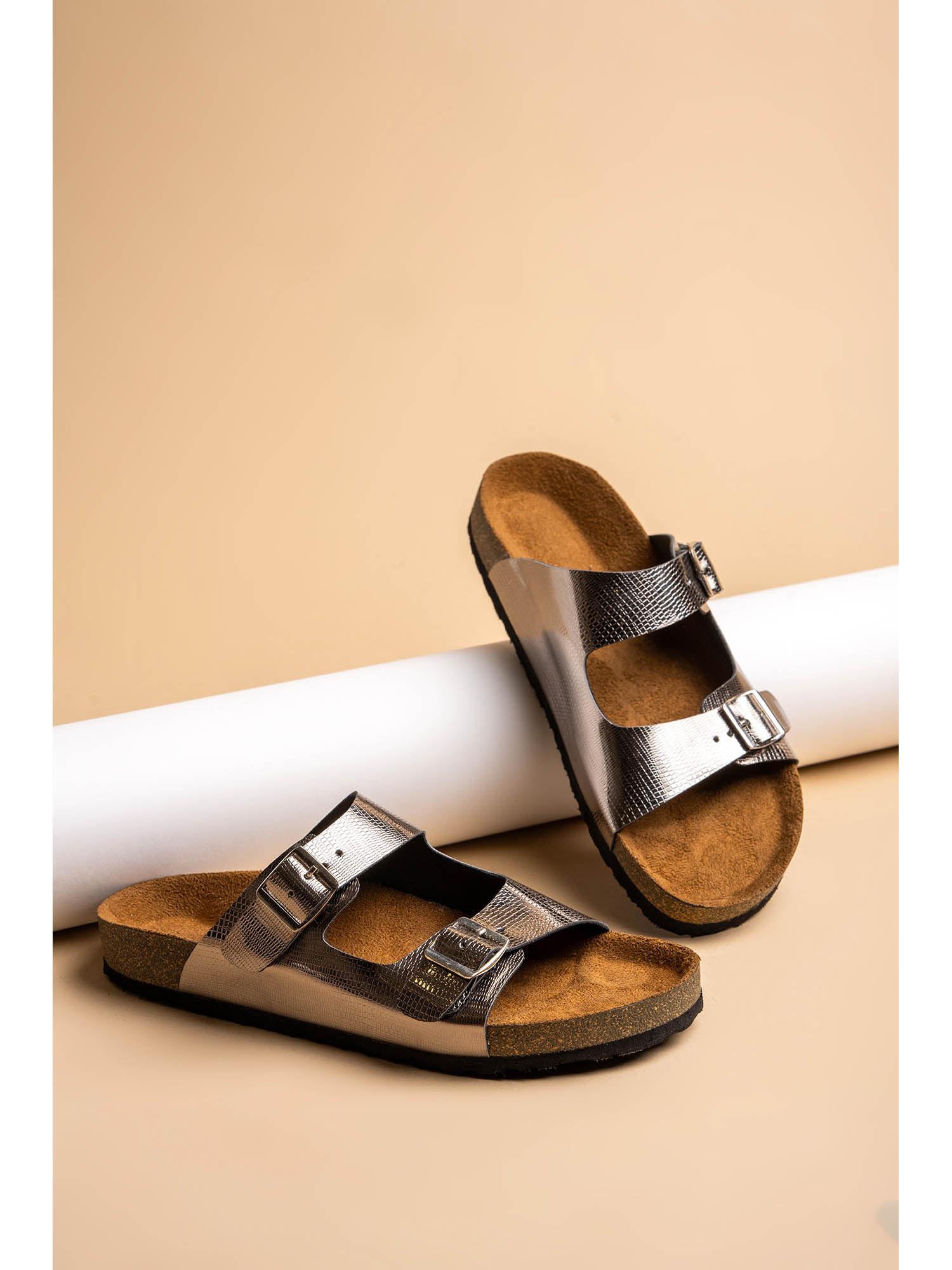 silver lizard grain cork sandals for women