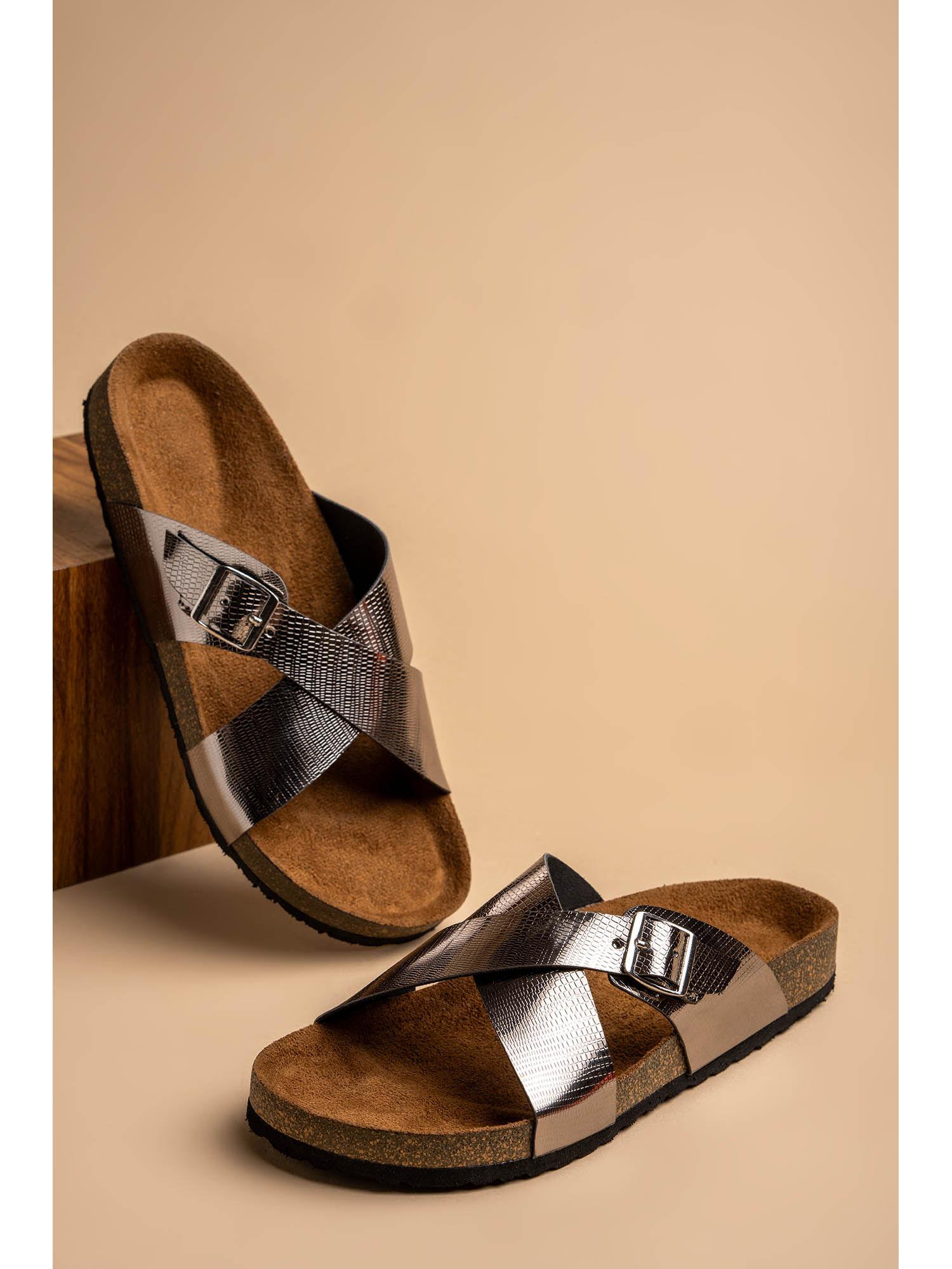 silver lizard grain cork sandals for women