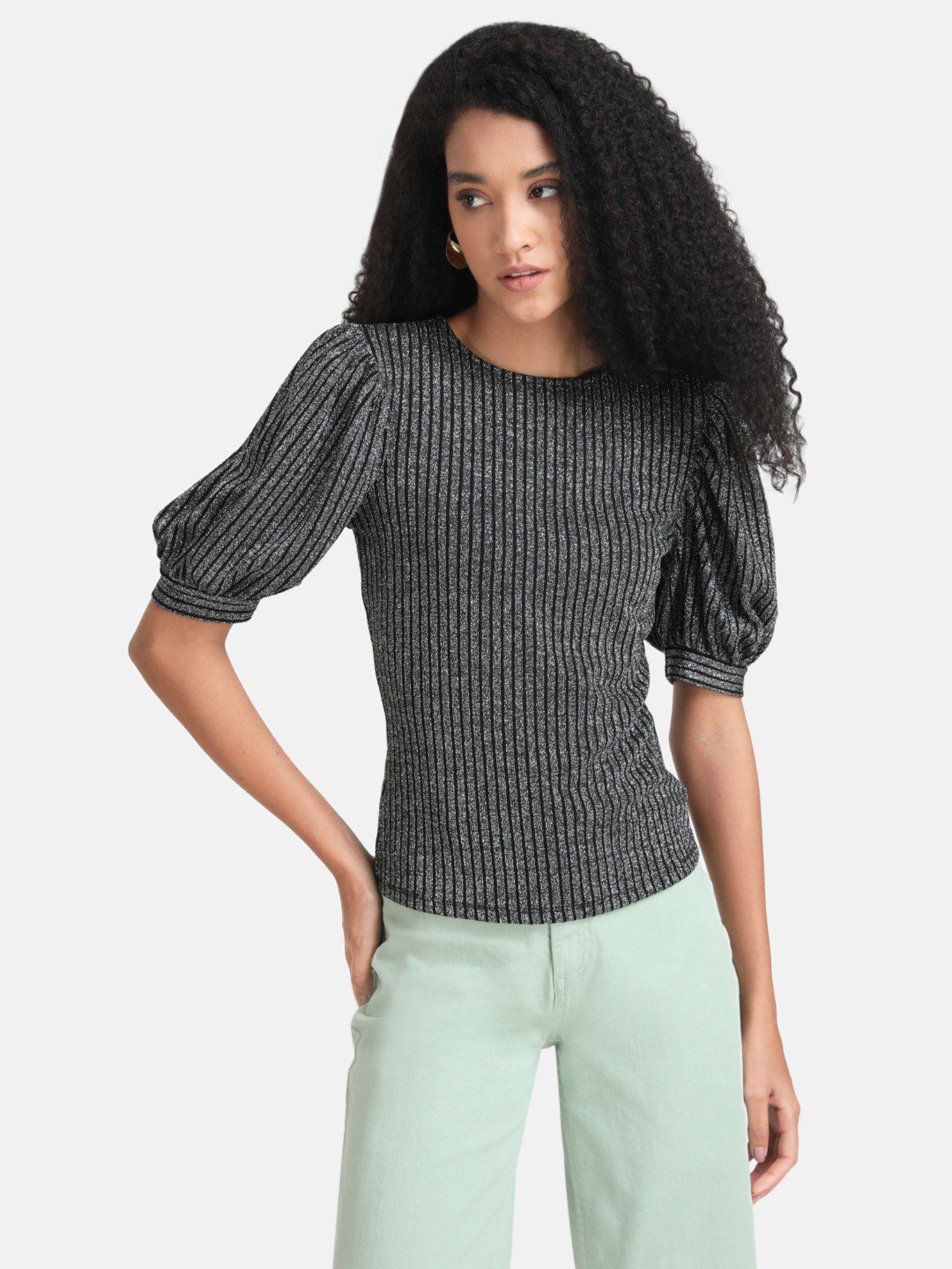 silver lurex stripe puff sleeves top