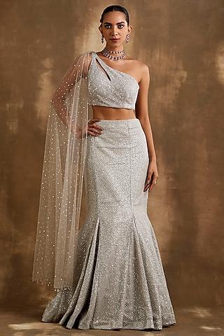 silver lycra & net shimmer lehenga set