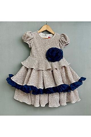 silver lycra floral embroidered dress for girls