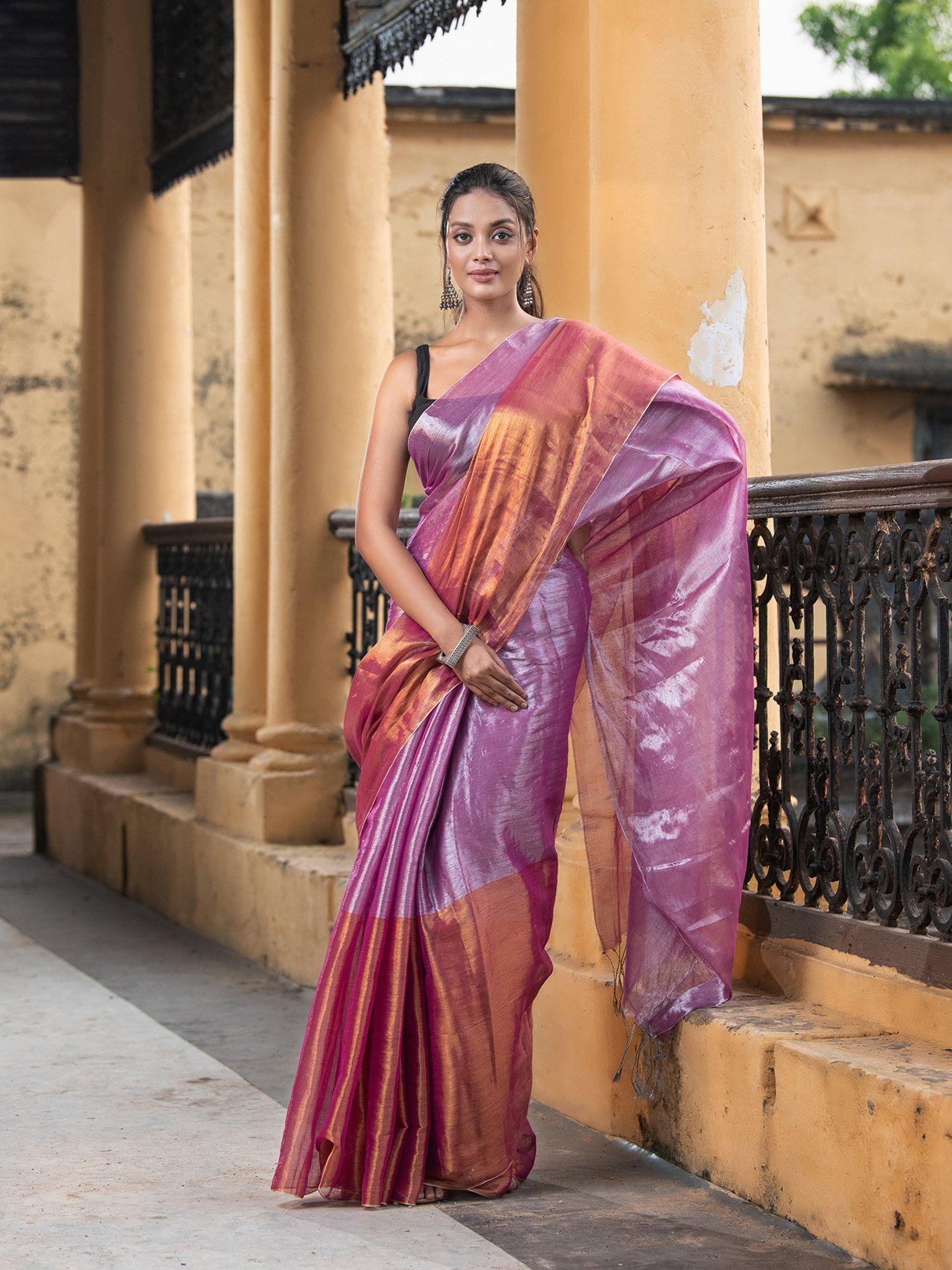 silver magenta & gold handloom tissue saree with unstitched blouse