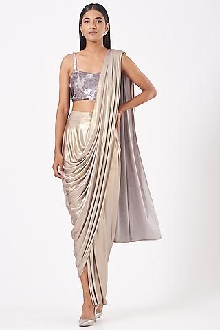 silver metallic jersey saree with coral bustier