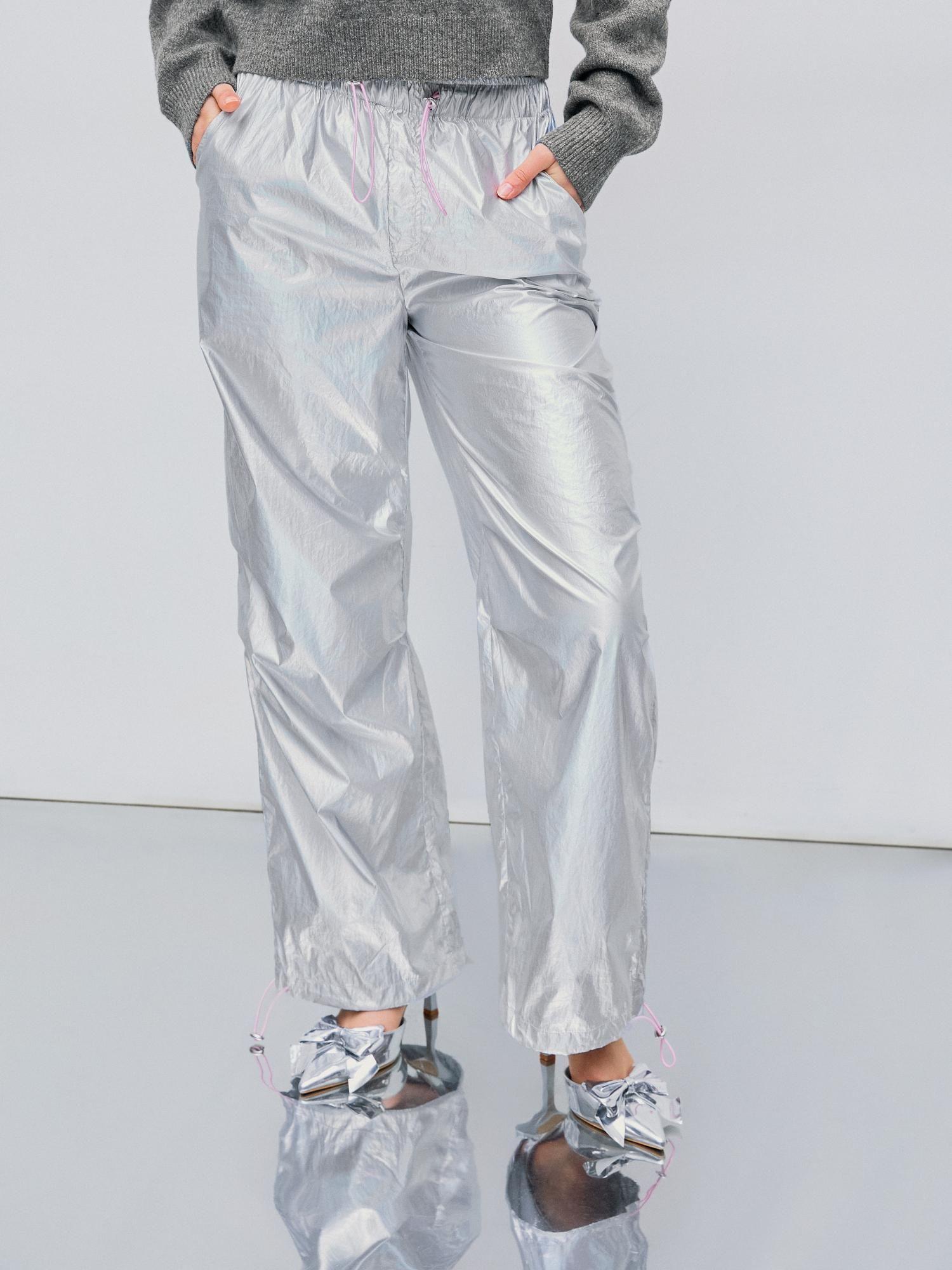 silver metallic mid rise drawstring straight leg trouser