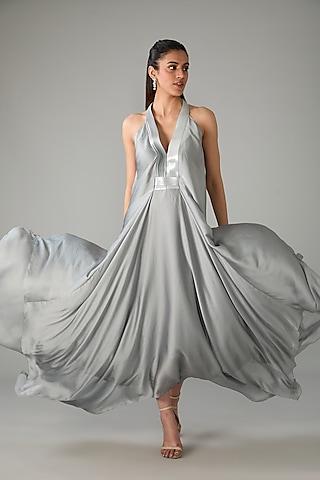 silver metallic polymer & crepe chiffon dress