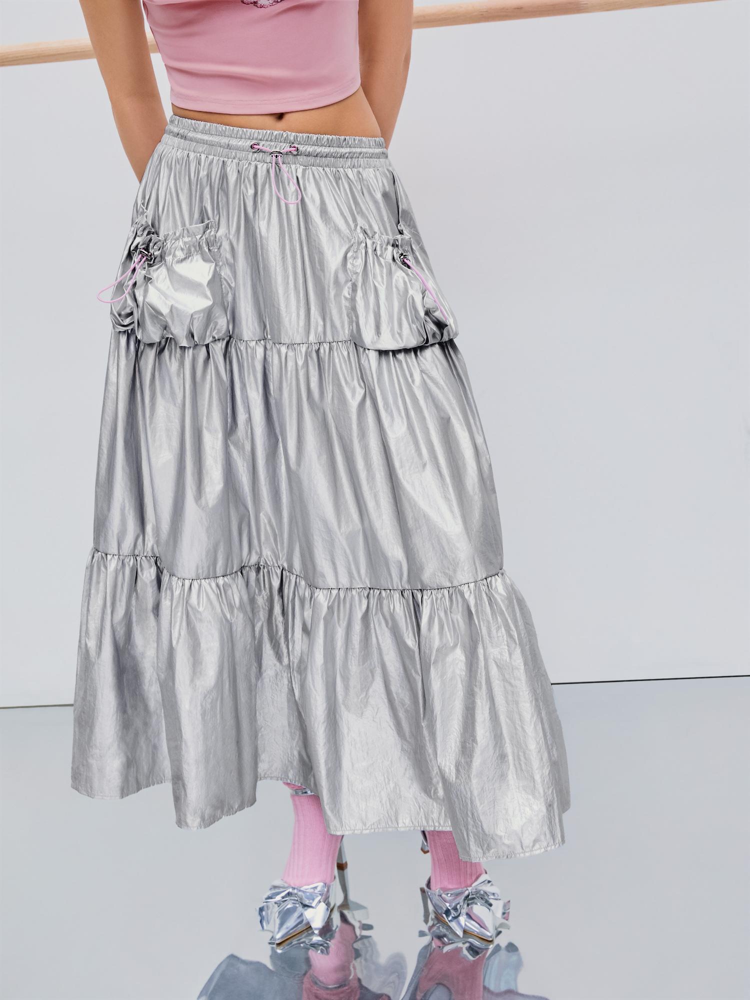 silver mid rise tiered ruffle hem maxi skirt