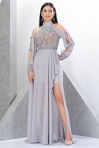 silver net & chiffon hand embroidered gown