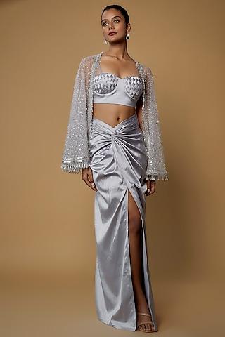 silver net & satin embroidered cape set