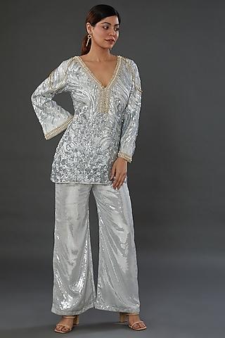 silver net embroidered kurta set