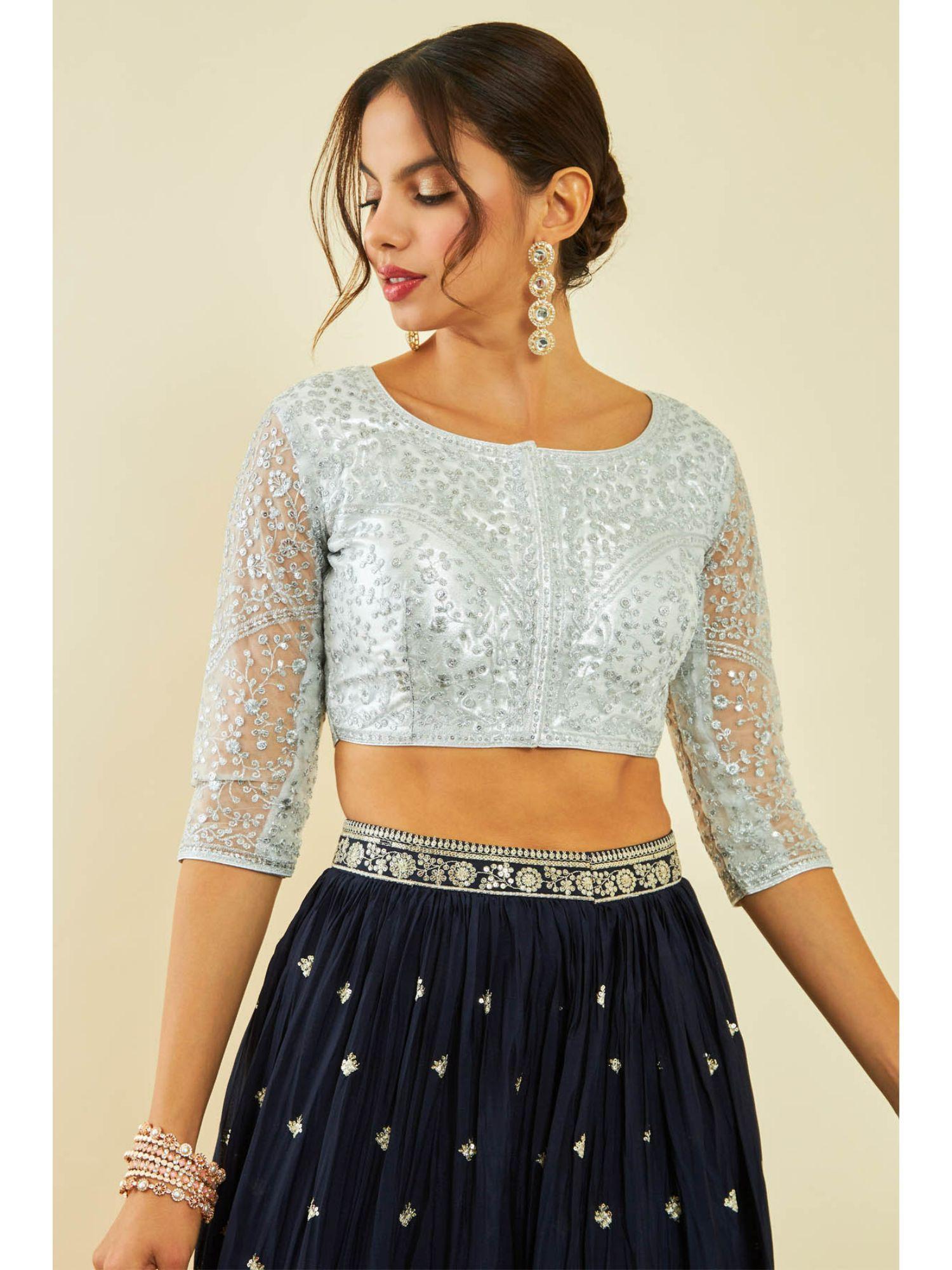 silver net embroidered stitched blouse with sequins