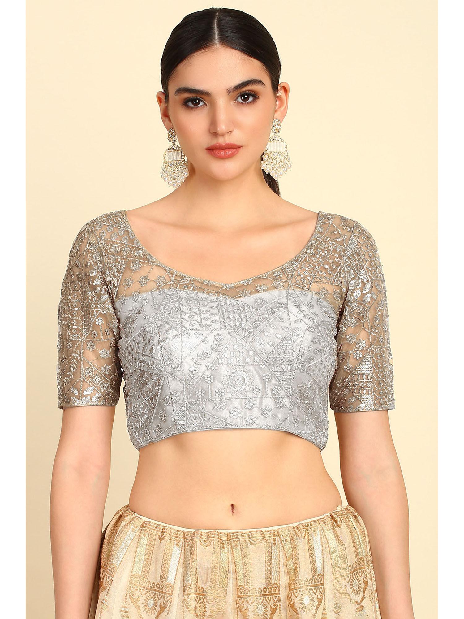 silver net embroidered stitched blouse with zari