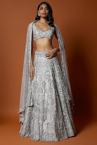 silver net geometric embroidered lehenga set