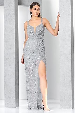silver net sequins & crystal hand embroidered gown