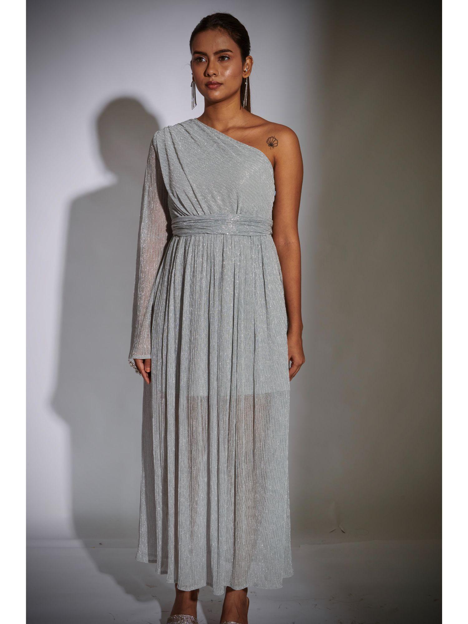 silver one shoulder cocktail maxi dress