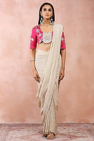 silver organza crushed tissue saree set