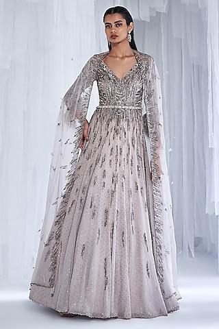 silver organza embellished anarkali with cape