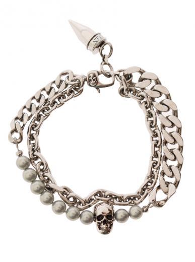 silver pearl and skull stud bracelet