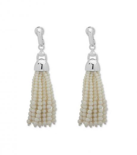 silver pearl tassel clip on earrings