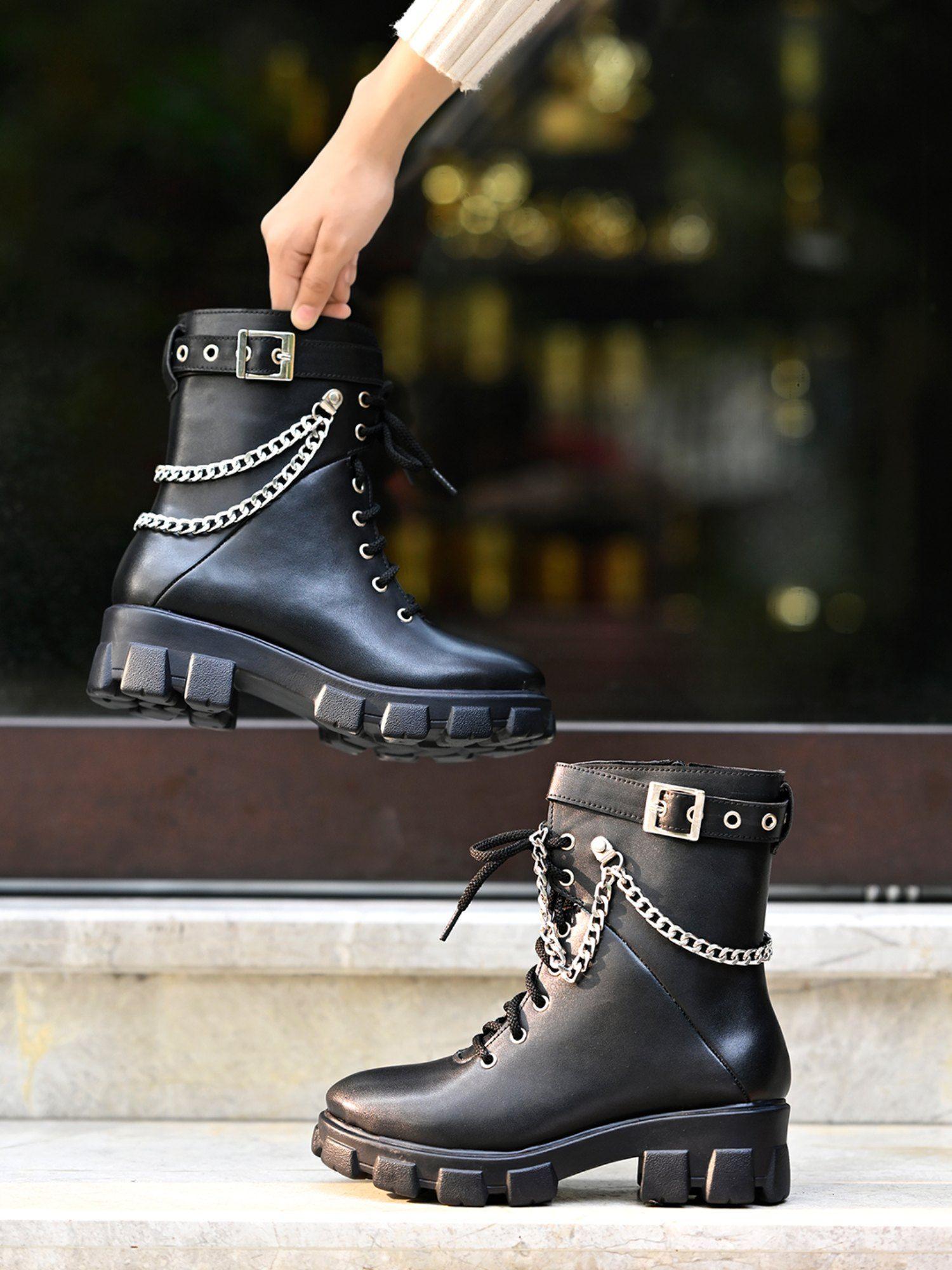 silver plain cool chain detailed black ankle boots for girls