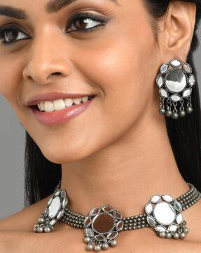silver-plated choker necklace & earrings set