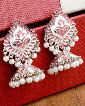 silver-plated pearl-beaded jhumkas