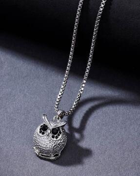 silver-plated stone-studded owl pendant with chain