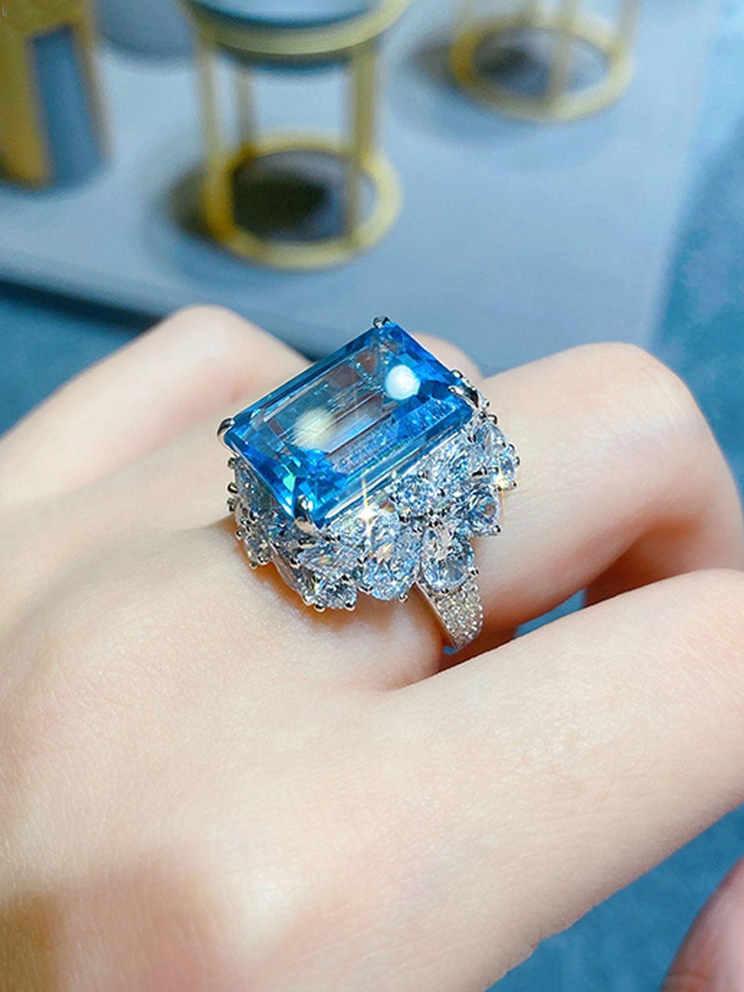 silver plated american diamond crushed ice cut blue rectangular finger ring
