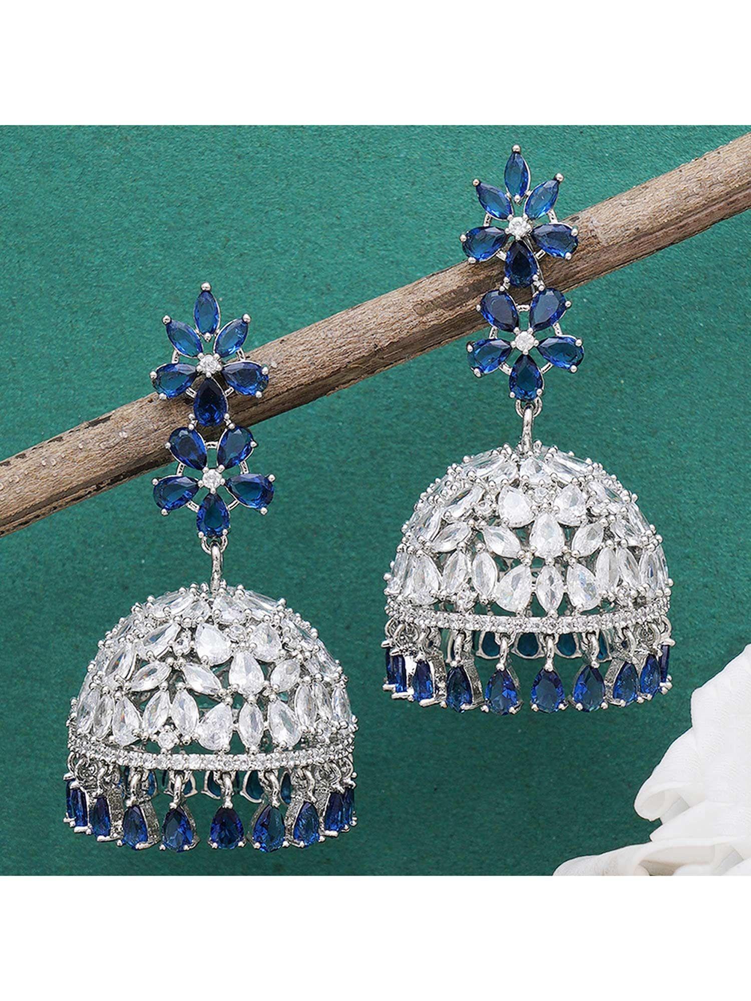 silver plated blue american diamond studded jhumki earrings