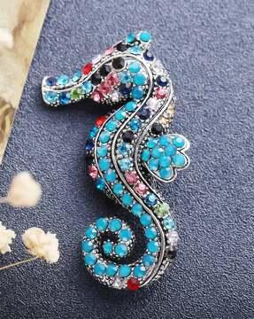 silver-plated blue crystal sea horse brooch