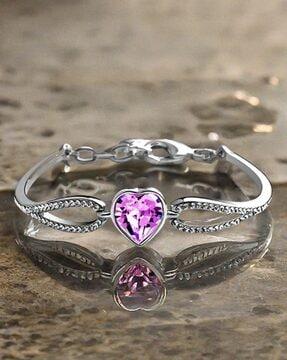 silver plated crystal-studded heart link bracelet