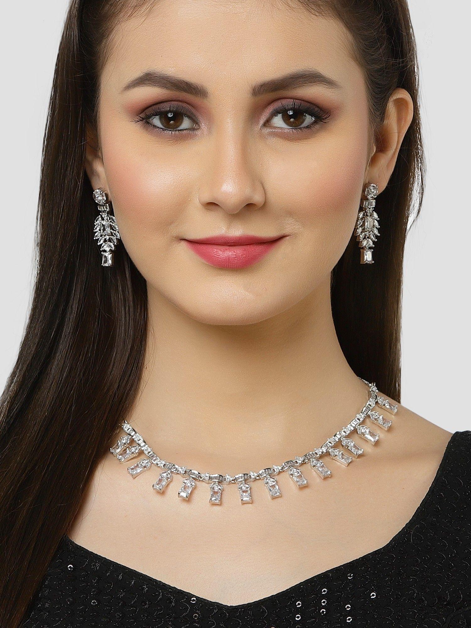 silver plated cubic zirconia necklace set for women