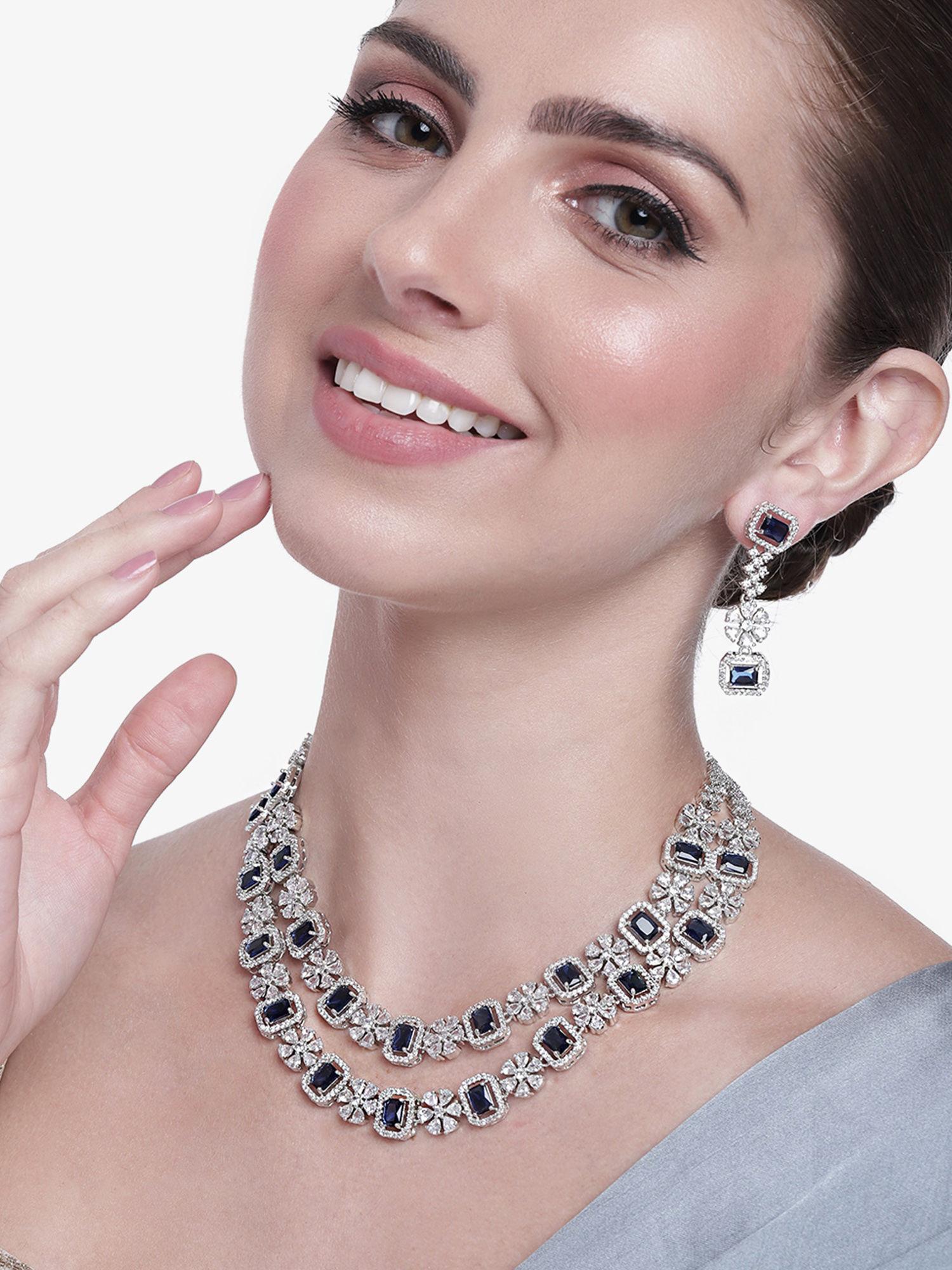 silver plated cz double layered necklace set with blue stones for women (set of 2)