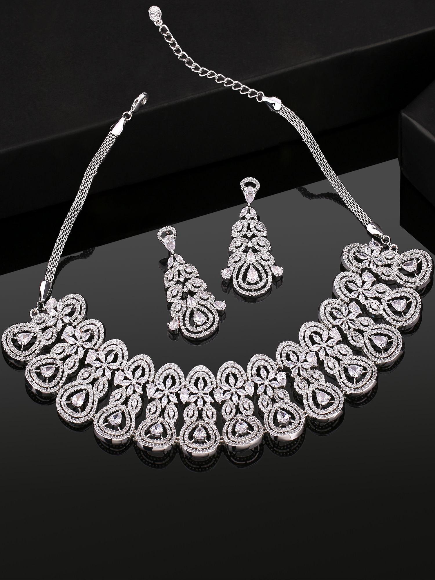 silver plated cz fascinating necklace set with white stones for women (set of 2)