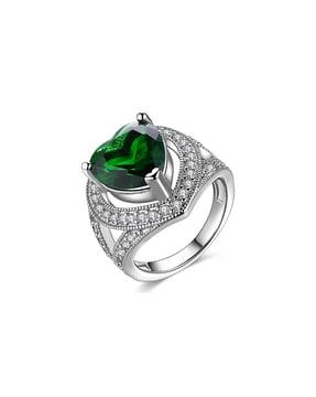 silver-plated emerald crystal-studded cocktail ring