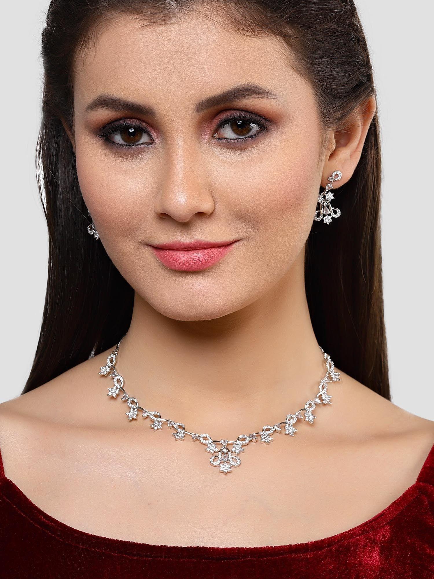 silver plated floral cz stone studded jewellery set for women