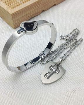 silver-plated lock & key couple bracelet pendant set