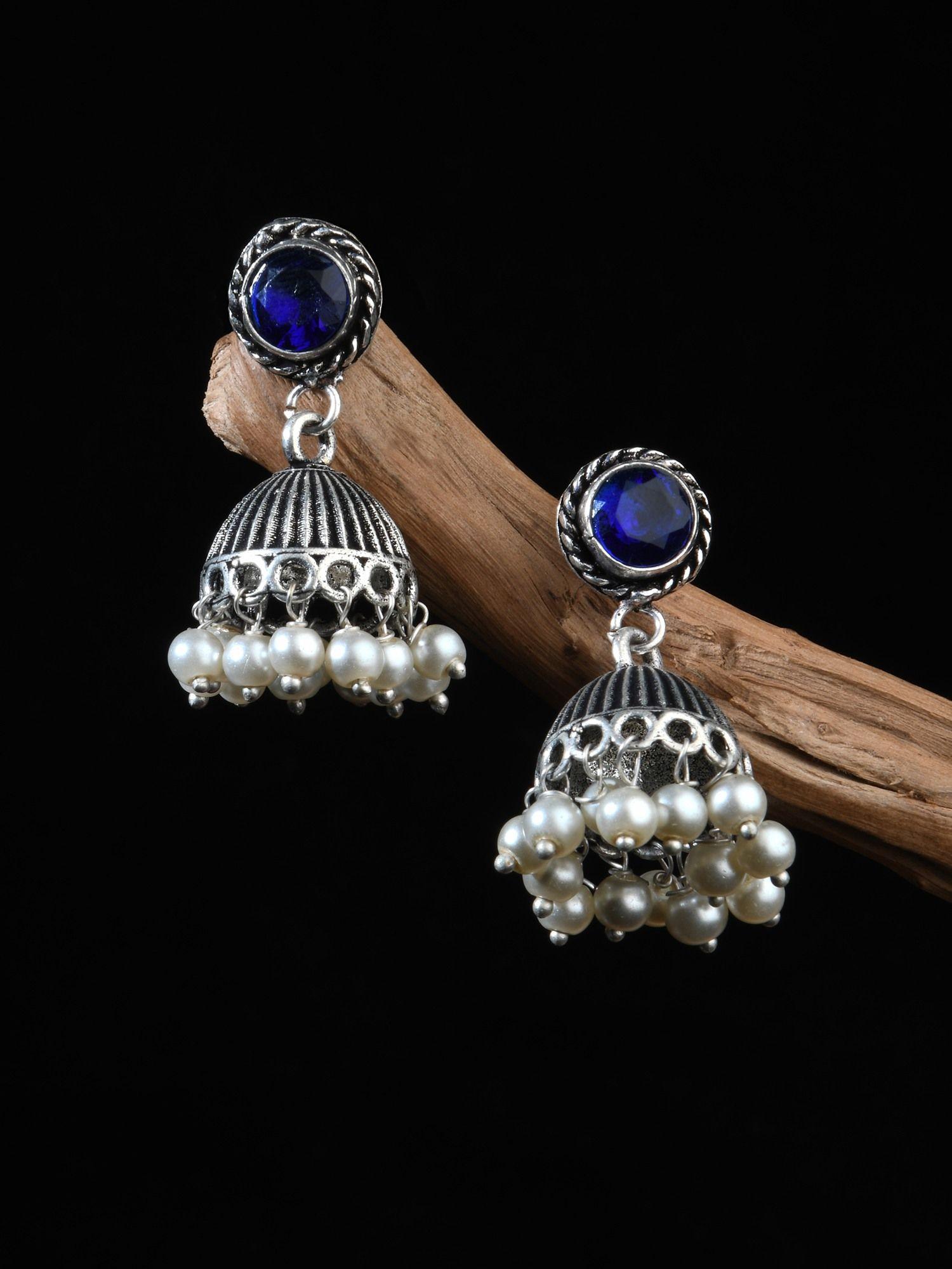 silver plated navy stone and pearl jhumka earrings for women