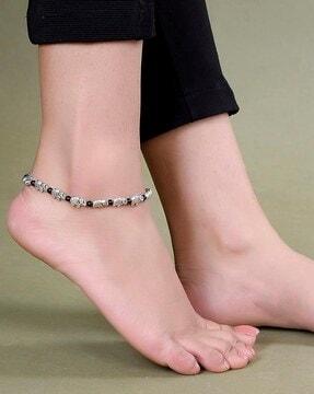silver-plated oxidised elephant charm thread anklet