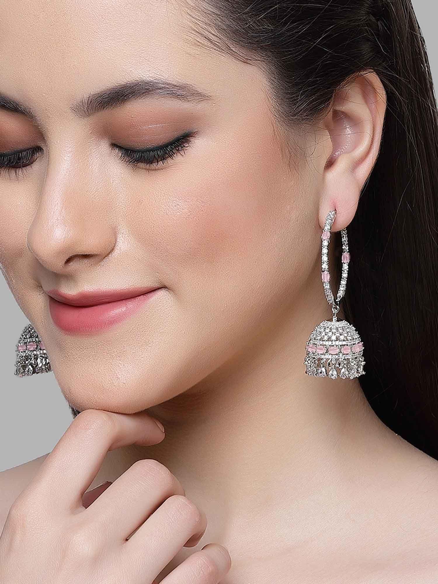 silver plated pink cubic zirconia studded hoop jhumki earrings for women