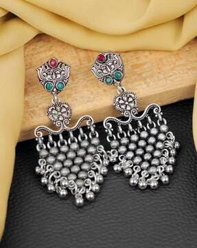 silver-plated stone-studded dangler earrings