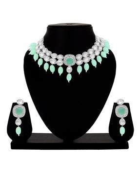 silver-plated stone-studded necklace & earrings set