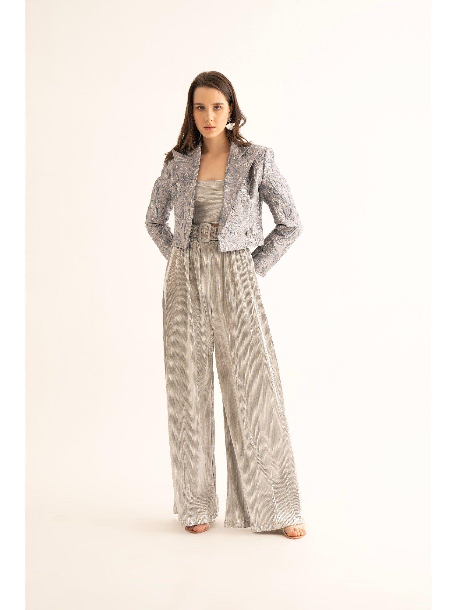 silver pleated belted pant & belt (set of 2)