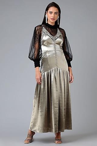 silver polyester evening gown with black inner