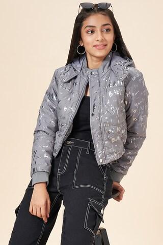 silver printed winter wear full sleeves regular hood girls regular fit jacket