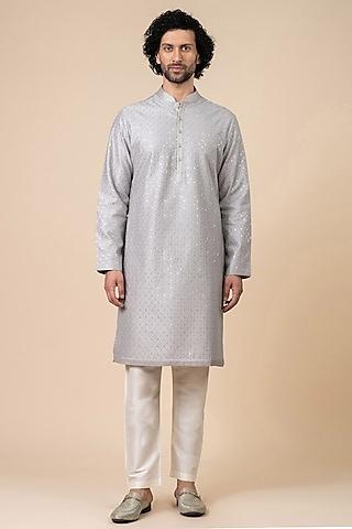 silver rayon blend zari embroidered kurta set